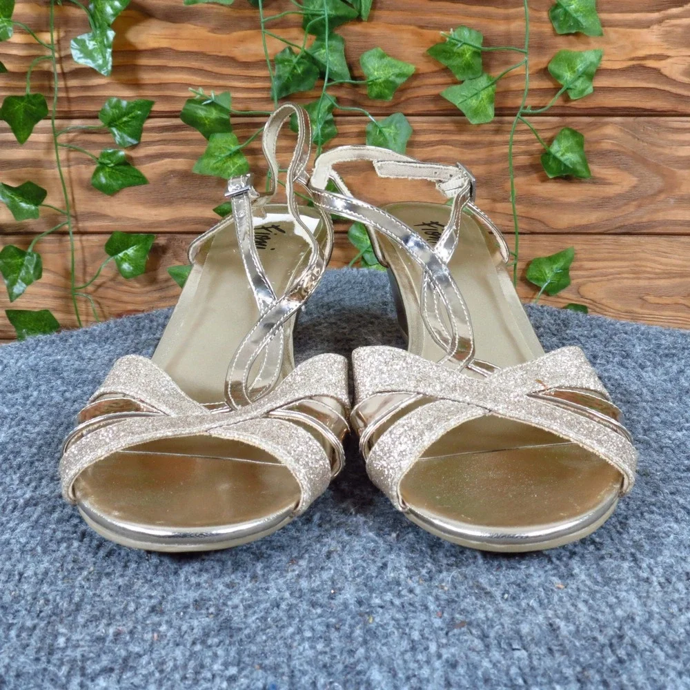 Fioni Women Wedge Sandal Sz 9 Wide Evening Special Occasion Gold Glitter Strappy